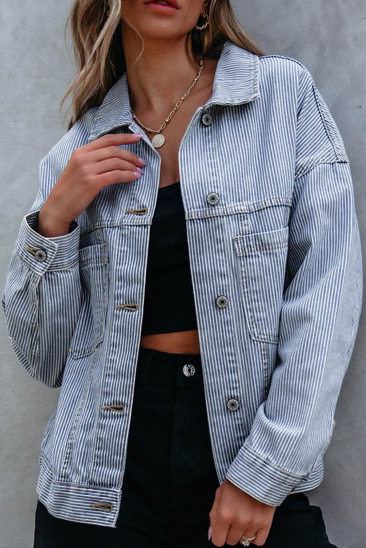 Sky Blue Stripe Washed Oversize Pocketed Denim Jacket - Fashion Queen -  1