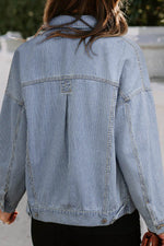 Load image into Gallery viewer, Sky Blue Stripe Washed Oversize Pocketed Denim Jacket - Fashion Queen -  10
