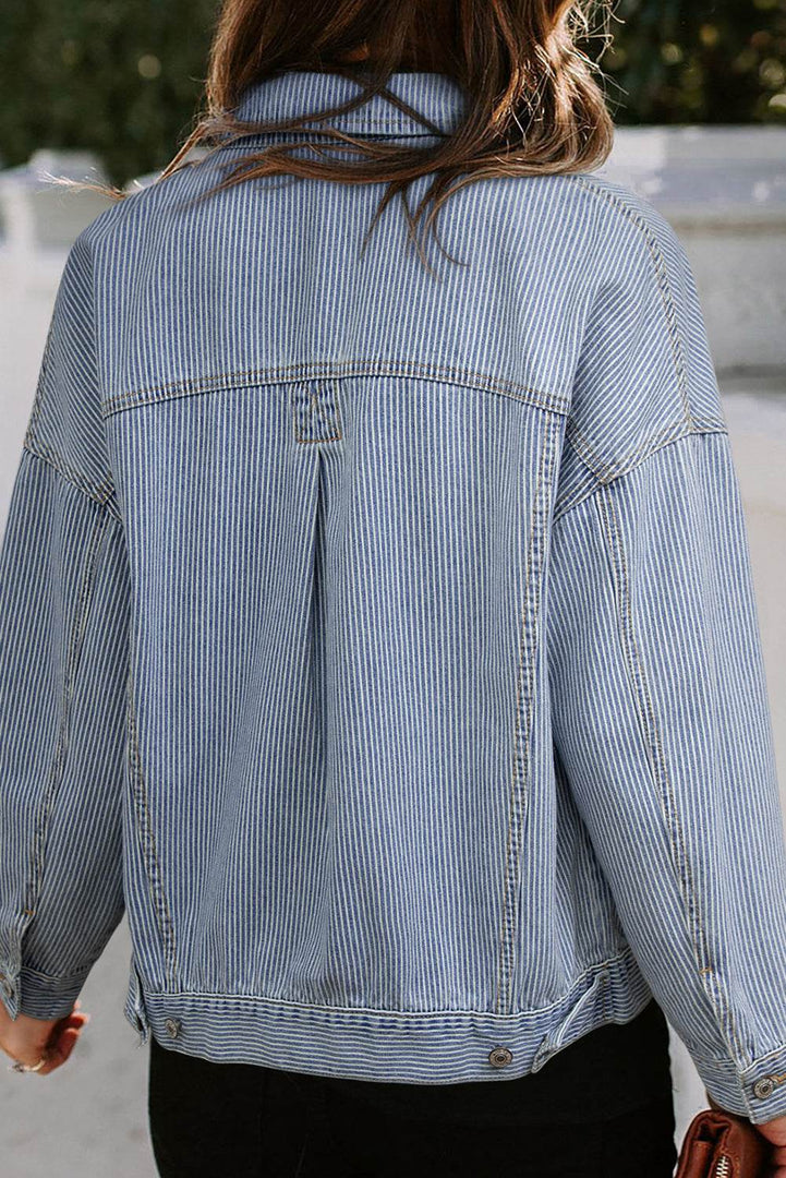 Sky Blue Stripe Washed Oversize Pocketed Denim Jacket - Fashion Queen -  10
