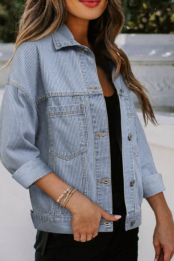Sky Blue Stripe Washed Oversize Pocketed Denim Jacket - Fashion Queen -  11