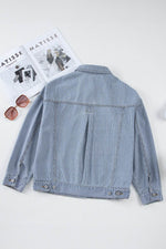 Load image into Gallery viewer, Sky Blue Stripe Washed Oversize Pocketed Denim Jacket - Fashion Queen -  13
