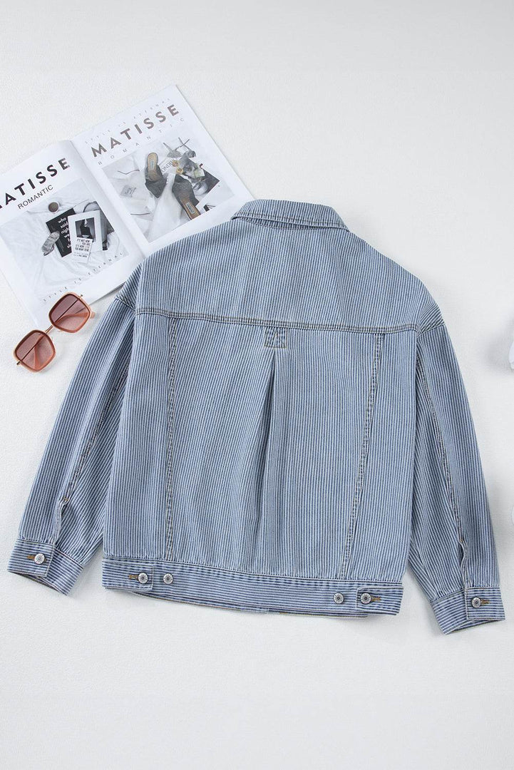 Sky Blue Stripe Washed Oversize Pocketed Denim Jacket - Fashion Queen -  13
