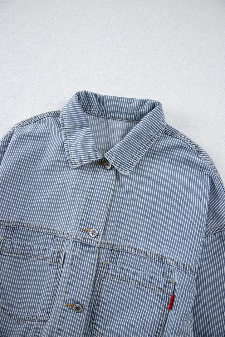 Sky Blue Stripe Washed Oversize Pocketed Denim Jacket - Fashion Queen -  16