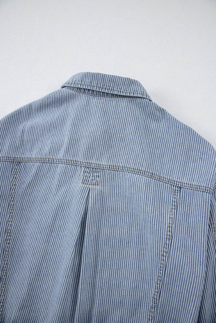 Sky Blue Stripe Washed Oversize Pocketed Denim Jacket - Fashion Queen -  17