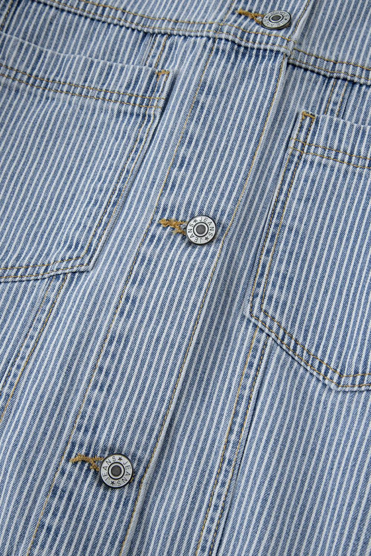 Sky Blue Stripe Washed Oversize Pocketed Denim Jacket - Fashion Queen -  19
