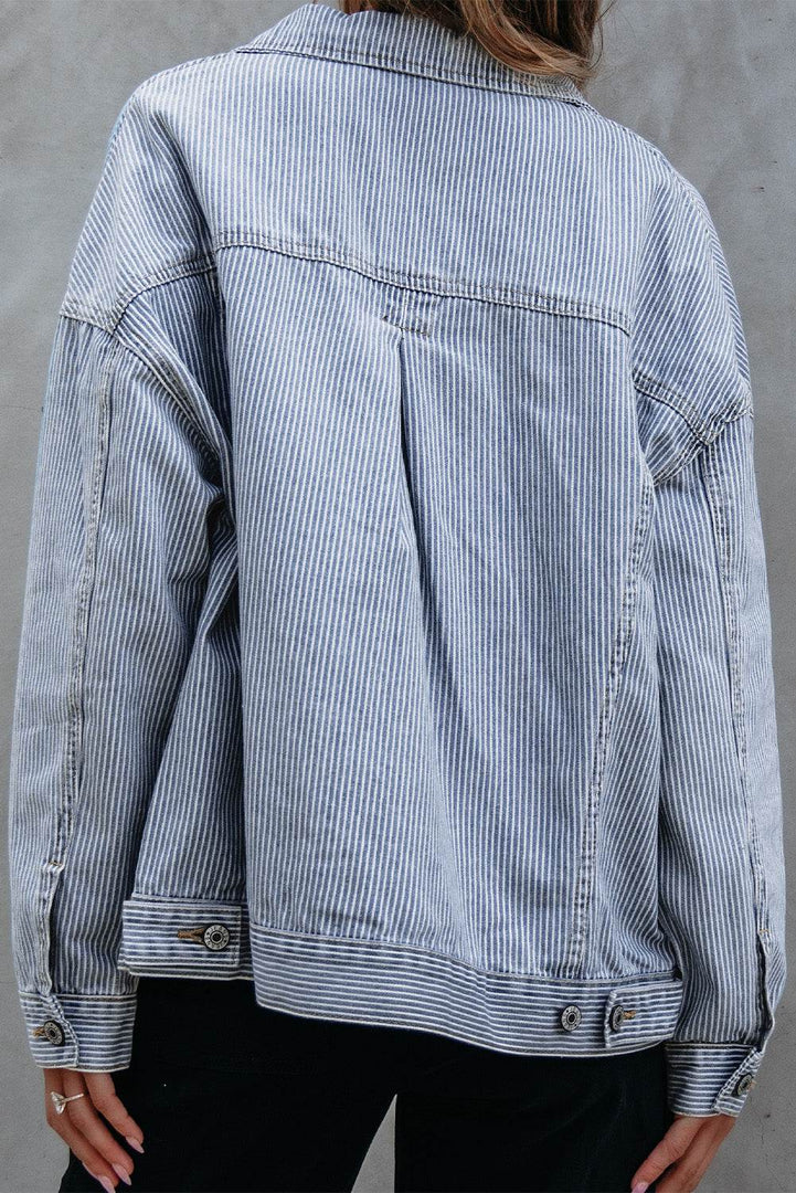 Sky Blue Stripe Washed Oversize Pocketed Denim Jacket - Fashion Queen -  2