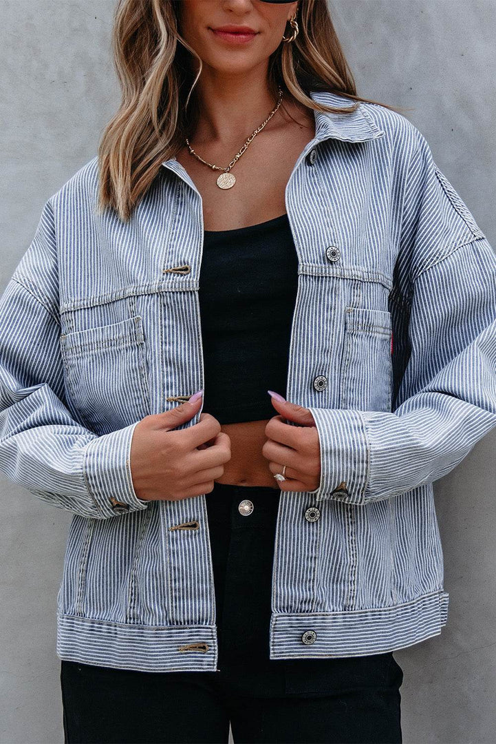 Sky Blue Stripe Washed Oversize Pocketed Denim Jacket - Fashion Queen -  4