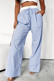 Sky Blue Stripe Wide Leg Buttoned Lace up Elastic High Waist Pants - Fashion Queen -  1