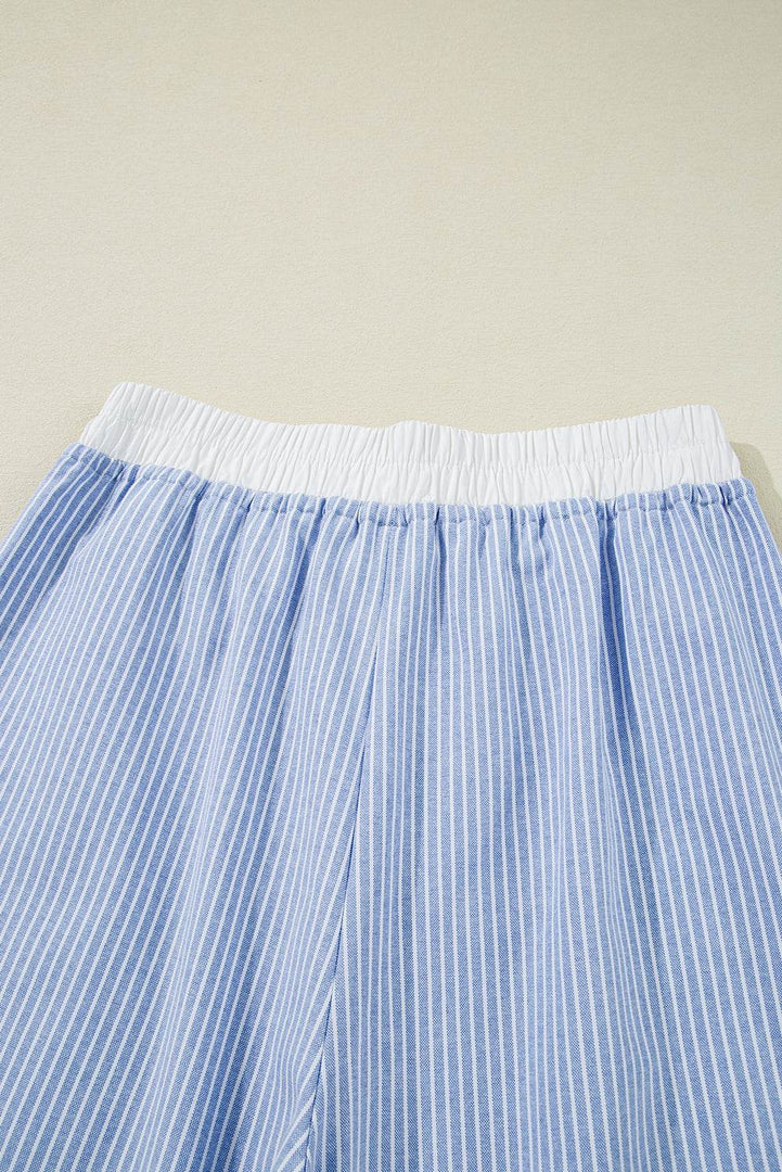 Sky Blue Stripe Wide Leg Buttoned Lace up Elastic High Waist Pants - Fashion Queen -  13