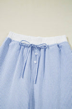 Load image into Gallery viewer, Sky Blue Stripe Wide Leg Buttoned Lace up Elastic High Waist Pants - Fashion Queen -  14
