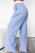 Load image into Gallery viewer, Sky Blue Stripe Wide Leg Buttoned Lace up Elastic High Waist Pants - Fashion Queen -  3
