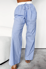 Load image into Gallery viewer, Sky Blue Stripe Wide Leg Buttoned Lace up Elastic High Waist Pants - Fashion Queen -  4
