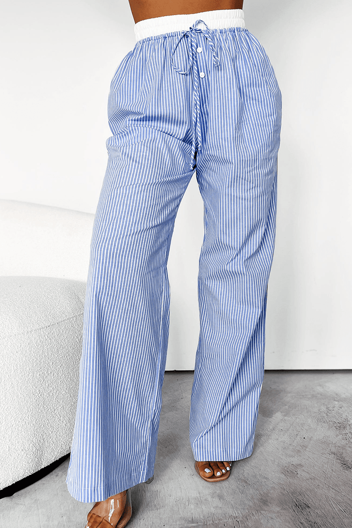 Sky Blue Stripe Wide Leg Buttoned Lace up Elastic High Waist Pants - Fashion Queen -  4