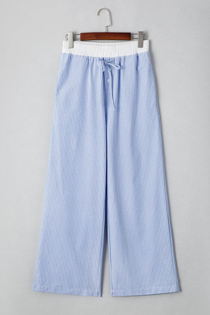 Sky Blue Stripe Wide Leg Buttoned Lace up Elastic High Waist Pants - Fashion Queen -  7