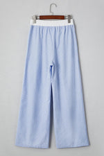 Load image into Gallery viewer, Sky Blue Stripe Wide Leg Buttoned Lace up Elastic High Waist Pants - Fashion Queen -  8
