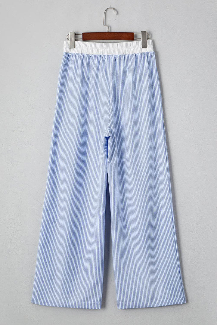 Sky Blue Stripe Wide Leg Buttoned Lace up Elastic High Waist Pants - Fashion Queen -  8