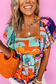 Sky Blue Tropical Printed Square Neck Flutter Sleeve Babydoll Blouse - Fashion Queen -  1