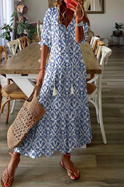 Sky Blue V Neck Casual Geometric Print Maxi Dress - Fashion Queen -  1