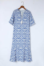 Load image into Gallery viewer, Sky Blue V Neck Casual Geometric Print Maxi Dress - Fashion Queen -  10
