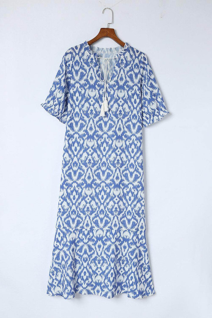 Sky Blue V Neck Casual Geometric Print Maxi Dress - Fashion Queen -  10
