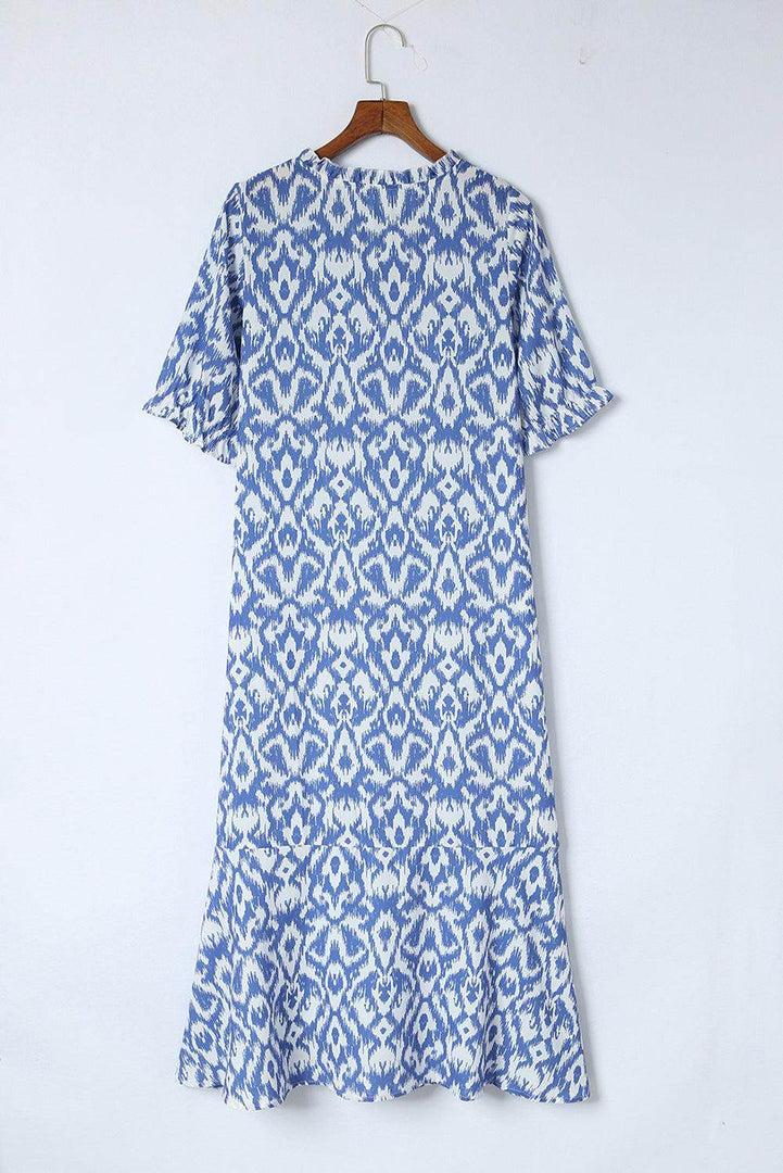 Sky Blue V Neck Casual Geometric Print Maxi Dress - Fashion Queen -  11