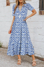 Load image into Gallery viewer, Sky Blue V Neck Casual Geometric Print Maxi Dress - Fashion Queen -  2
