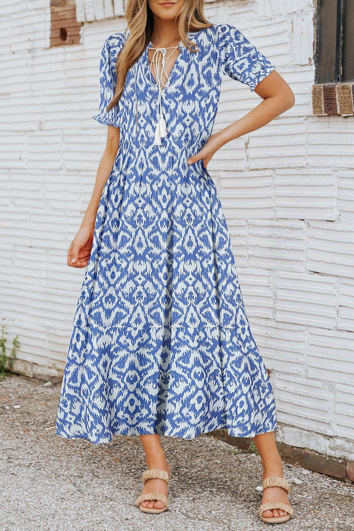 Sky Blue V Neck Casual Geometric Print Maxi Dress - Fashion Queen -  2