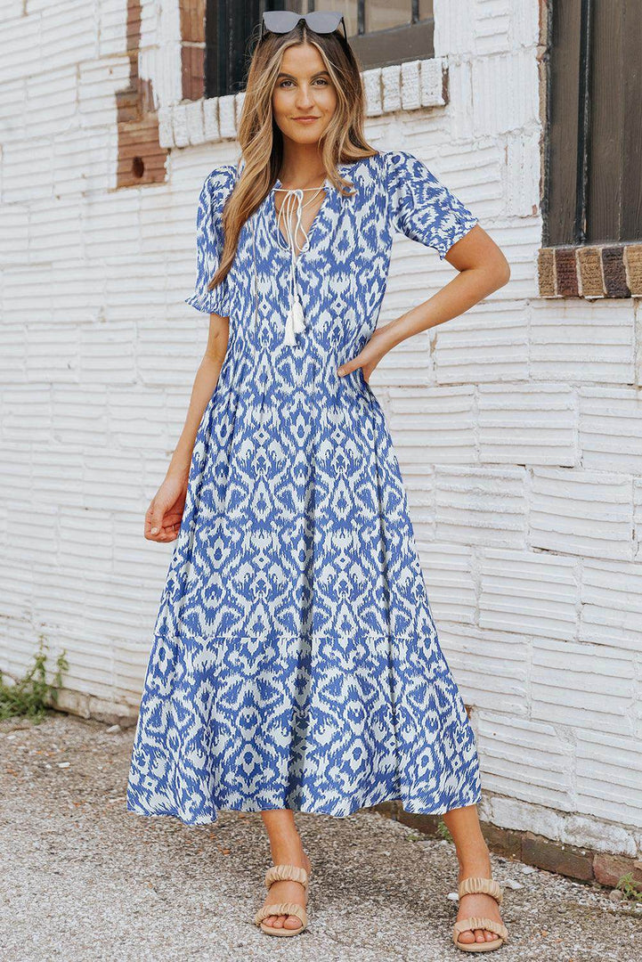 Sky Blue V Neck Casual Geometric Print Maxi Dress - Fashion Queen -  3