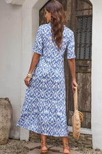 Load image into Gallery viewer, Sky Blue V Neck Casual Geometric Print Maxi Dress - Fashion Queen -  6

