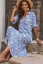 Load image into Gallery viewer, Sky Blue V Neck Casual Geometric Print Maxi Dress - Fashion Queen -  9
