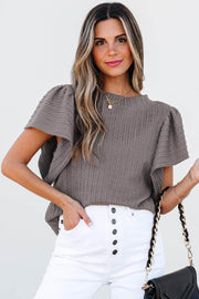Sleet Solid Color Textured Flutter Sleeve Top - Fashion Queen -  1