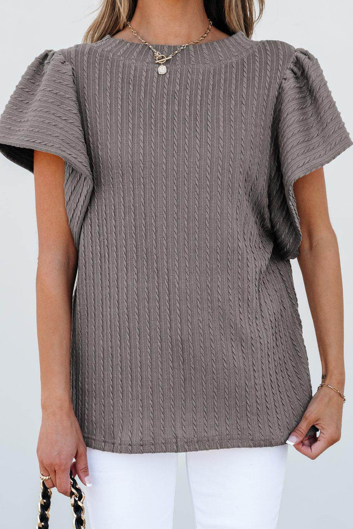 Sleet Solid Color Textured Flutter Sleeve Top - Fashion Queen -  13