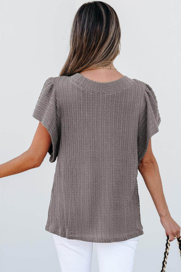 Sleet Solid Color Textured Flutter Sleeve Top - Fashion Queen -  2
