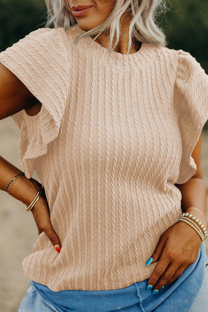 Sleet Solid Color Textured Flutter Sleeve Top - Fashion Queen -  4