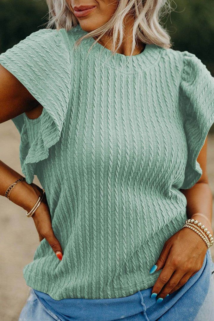 Sleet Solid Color Textured Flutter Sleeve Top - Fashion Queen -  7