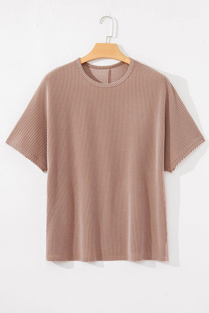 Smoke Gray Ribbed Striped Crew Neck Plus Size Knit T Shirt - Fashion Queen -  1
