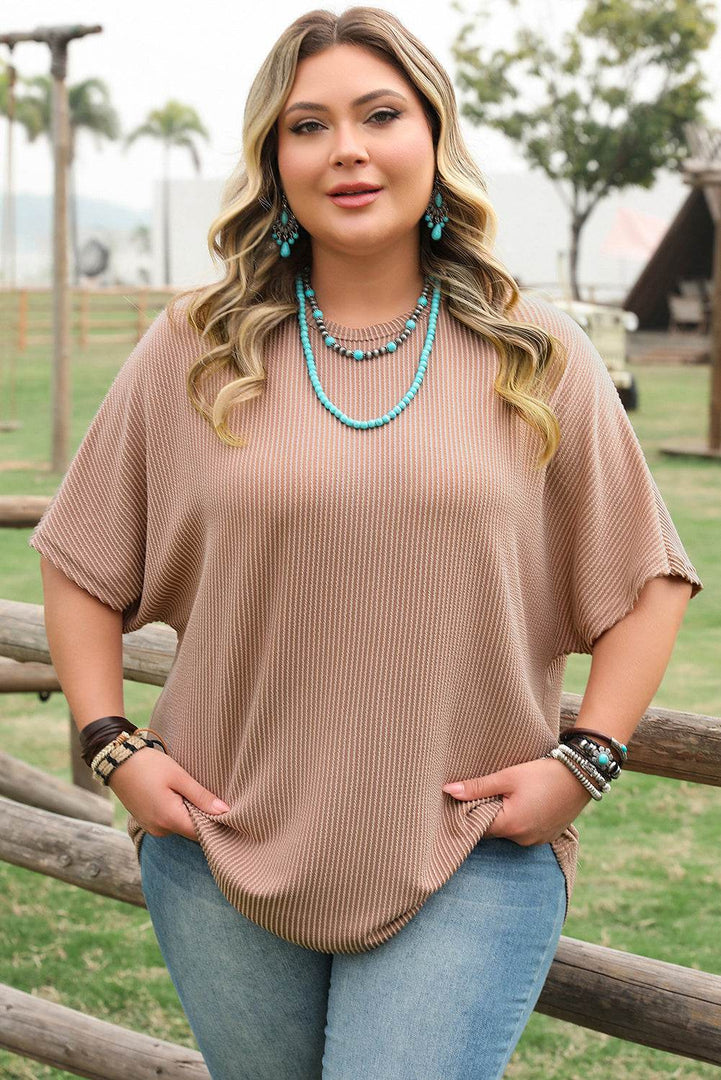 Smoke Gray Ribbed Striped Crew Neck Plus Size Knit T Shirt - Fashion Queen -  11