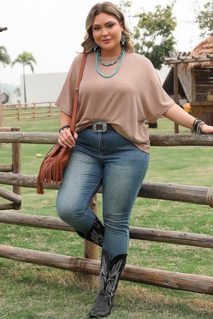 Smoke Gray Ribbed Striped Crew Neck Plus Size Knit T Shirt - Fashion Queen -  12