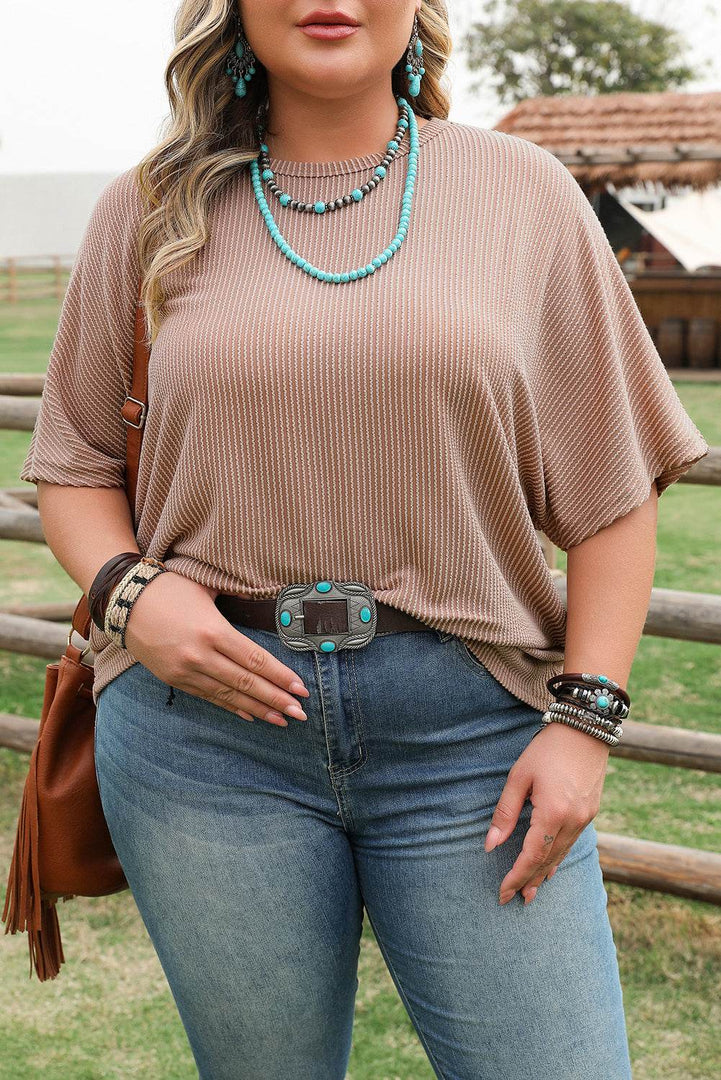 Smoke Gray Ribbed Striped Crew Neck Plus Size Knit T Shirt - Fashion Queen -  13