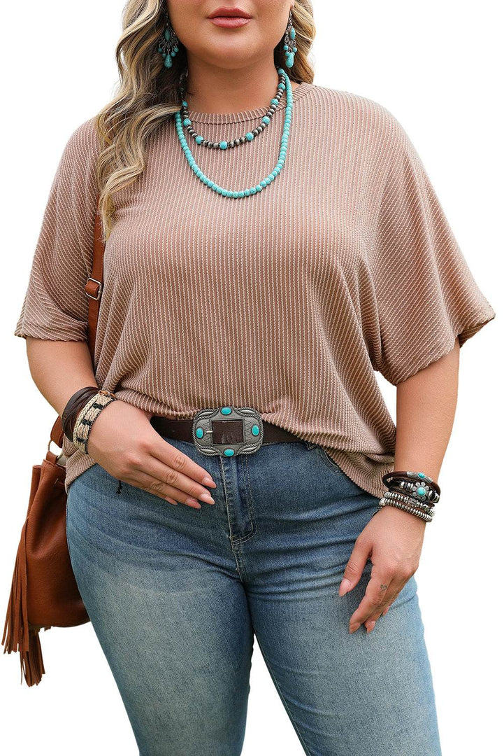 Smoke Gray Ribbed Striped Crew Neck Plus Size Knit T Shirt - Fashion Queen -  14