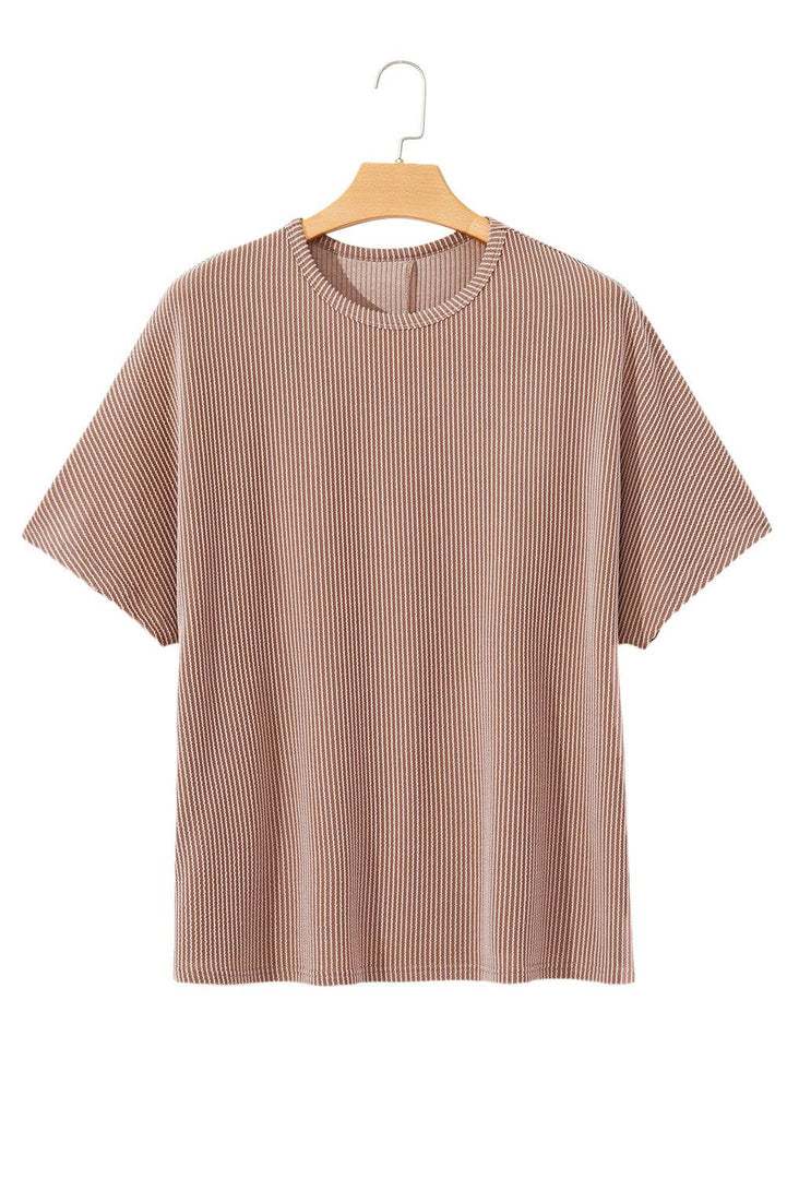 Smoke Gray Ribbed Striped Crew Neck Plus Size Knit T Shirt - Fashion Queen -  15