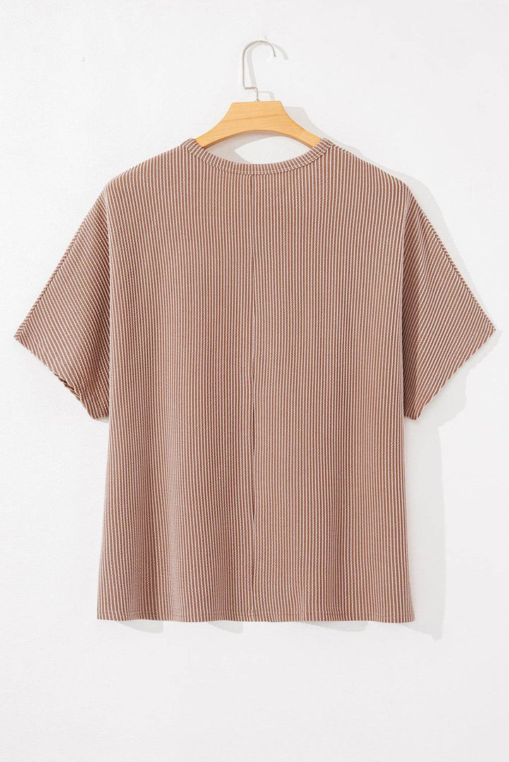 Smoke Gray Ribbed Striped Crew Neck Plus Size Knit T Shirt - Fashion Queen -  2