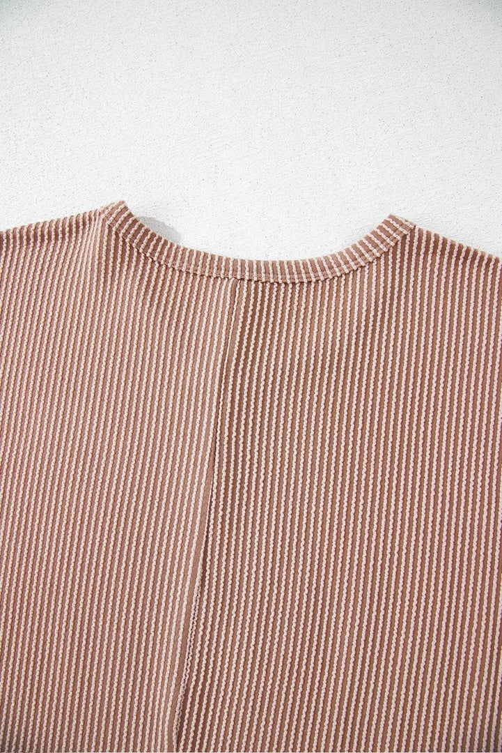 Smoke Gray Ribbed Striped Crew Neck Plus Size Knit T Shirt - Fashion Queen -  4