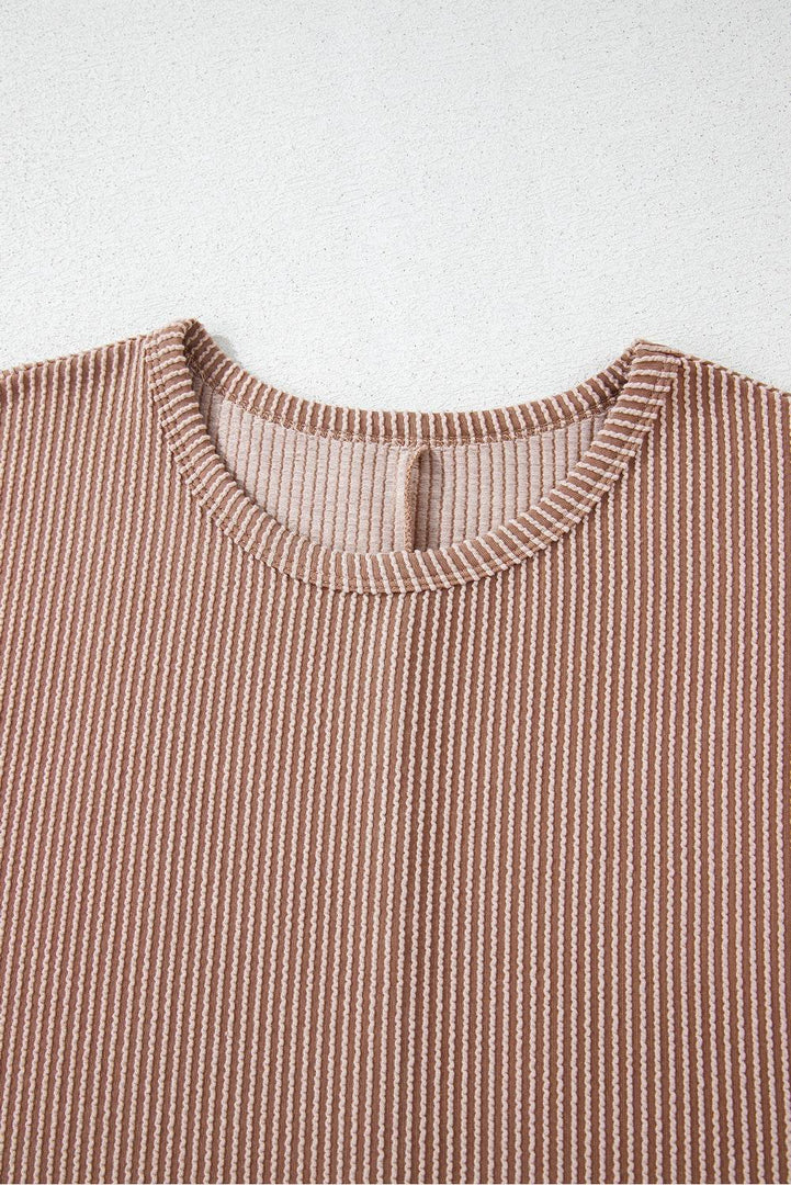 Smoke Gray Ribbed Striped Crew Neck Plus Size Knit T Shirt - Fashion Queen -  7