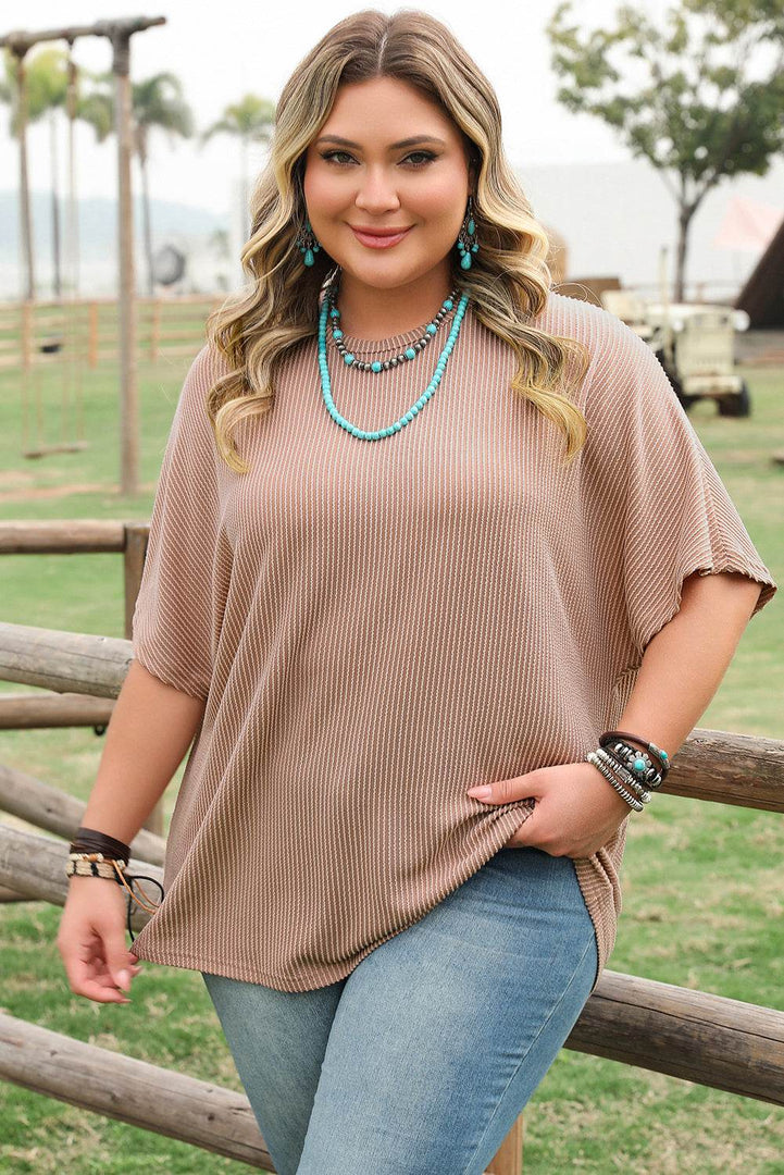 Smoke Gray Ribbed Striped Crew Neck Plus Size Knit T Shirt - Fashion Queen -  8