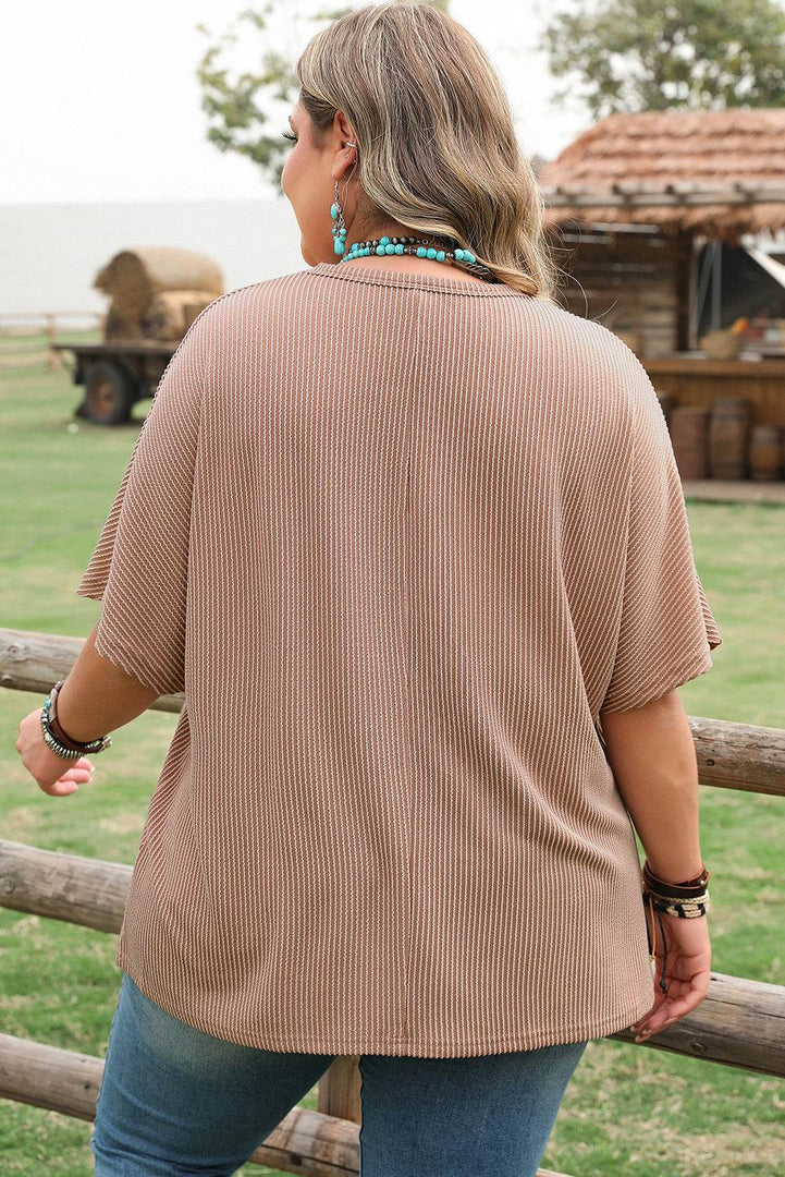 Smoke Gray Ribbed Striped Crew Neck Plus Size Knit T Shirt - Fashion Queen -  9