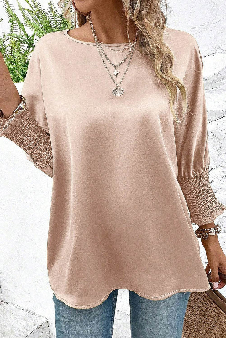 Smoke Gray Shirred Dolman Sleeve Satin Blouse - Fashion Queen -  3
