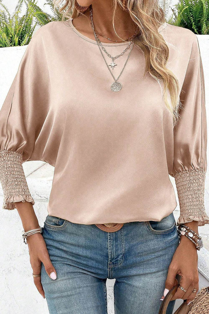 Smoke Gray Shirred Dolman Sleeve Satin Blouse - Fashion Queen -  4