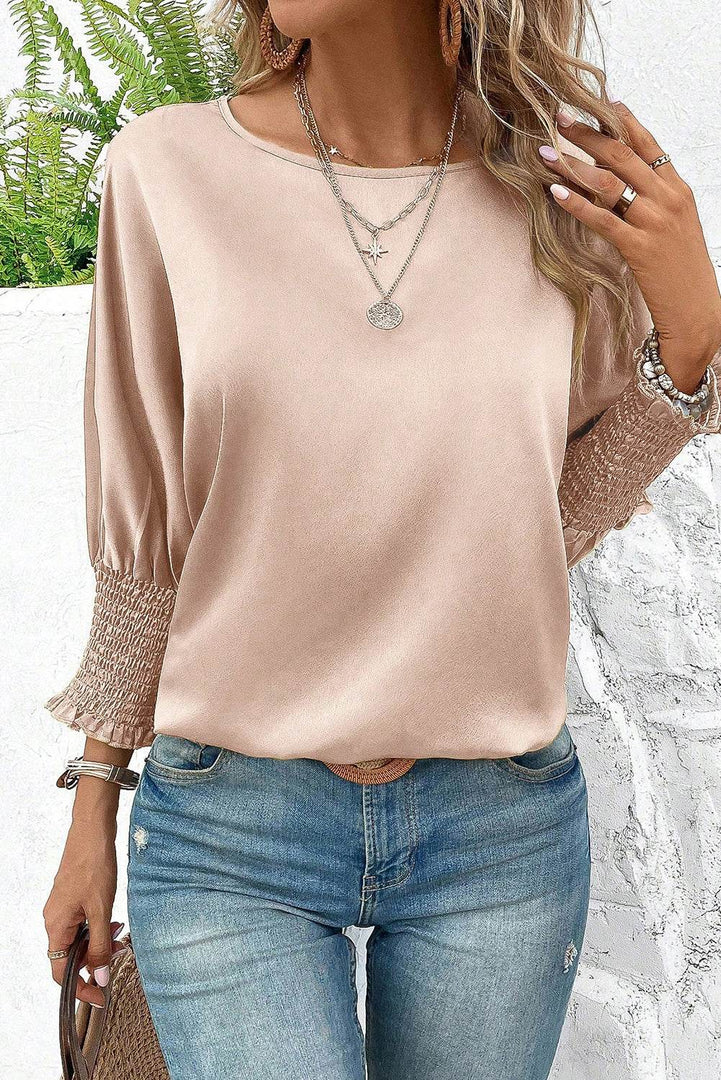 Smoke Gray Shirred Dolman Sleeve Satin Blouse - Fashion Queen -  6