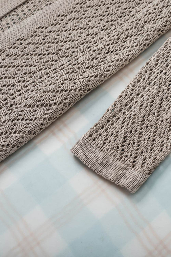 Smoke Gray Solid Color Pointelle Knit Open Front Cardigan - Fashion Queen -  10